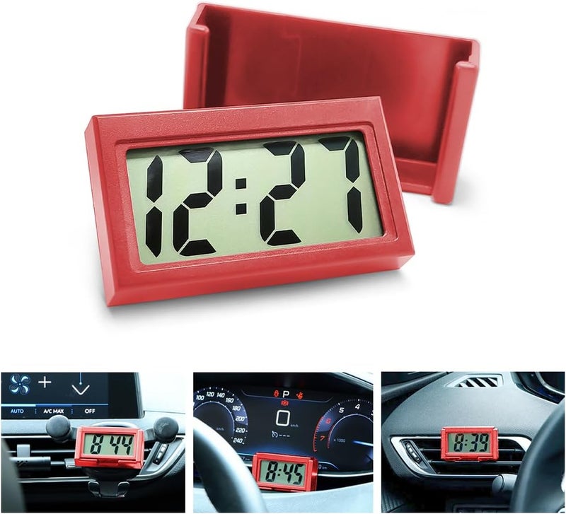 Osilly Mini Digital Clock for Car Dashboard, Battery Operated & Clear LCD Screen Time Display, Small Digital Clock with Self-Adhesive Bracket (Red) - Image 1